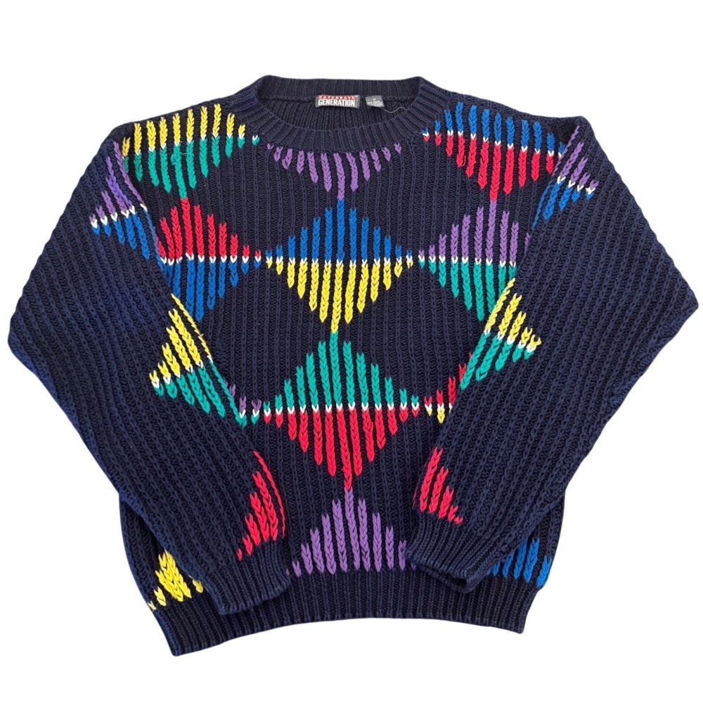Vintage Saturdays Generation Navy Blue Geometric Diamond Knit Sweater Womens M